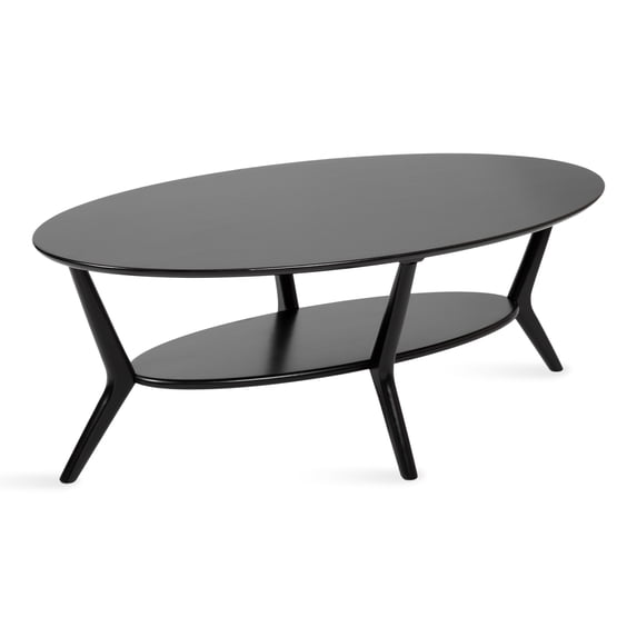 Kate and Laurel Nylah Oval Wooden Coffee Table, 48 x 26 x 18, Black, Modern Tiered Living Room Table with Solid Wood Construction and Sculptured Dowel Legs
