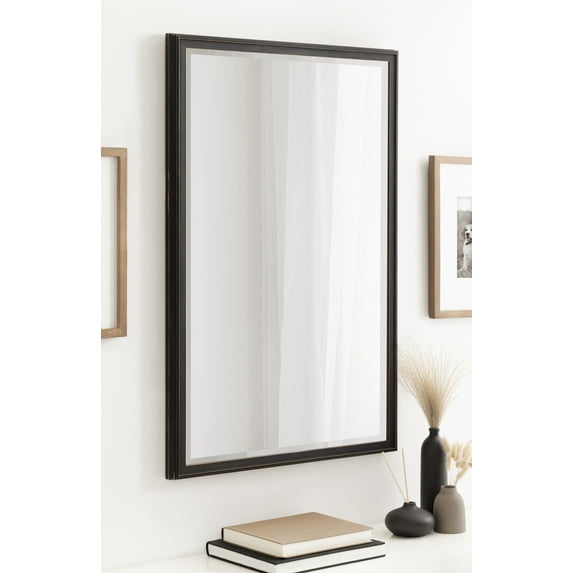 Kate and Laurel Oakhurst Traditional Rectangle Wall Mirror, 24 x 36, Black, Distressed Vintage Statement Mirror with Stepped Frame and Beveled Edge Design