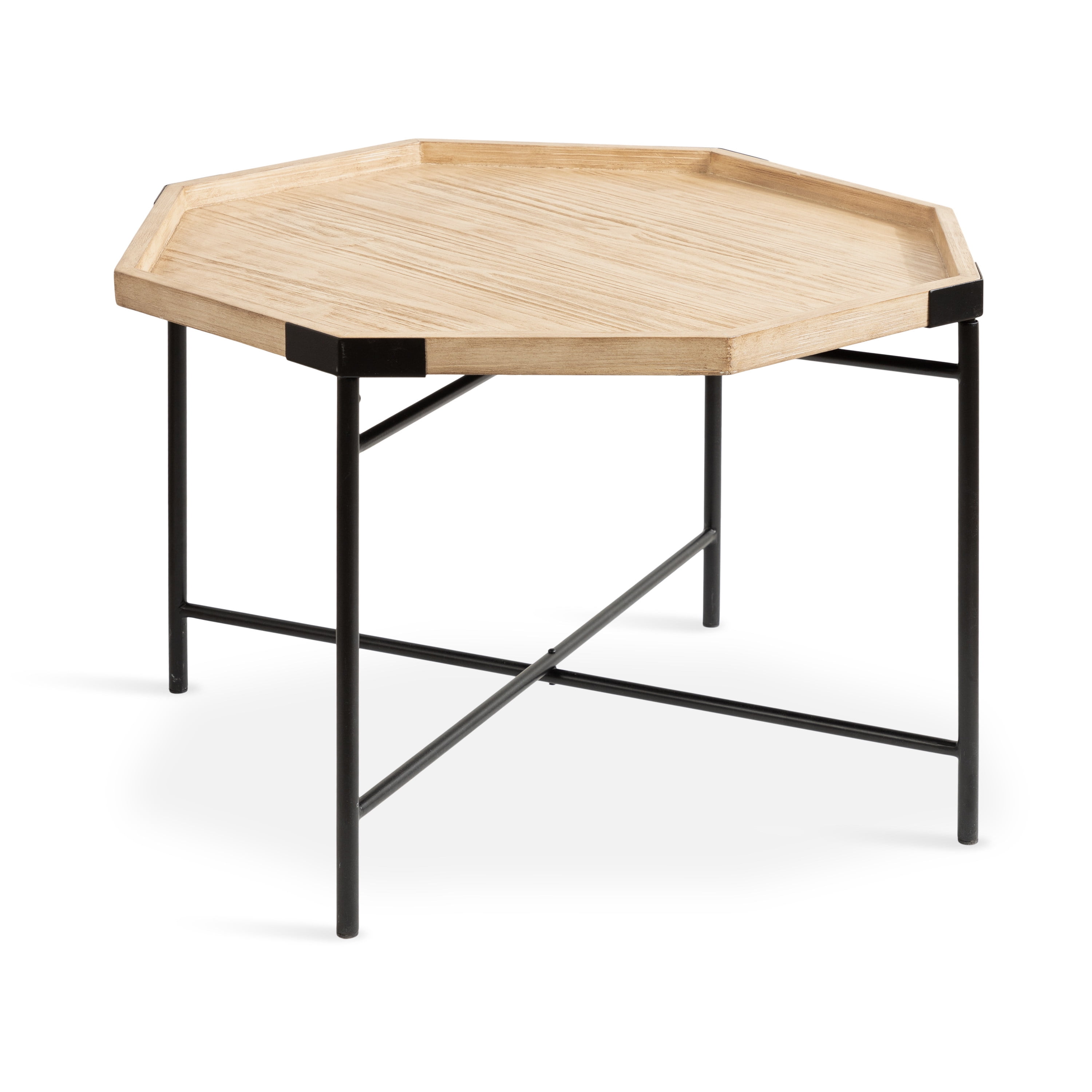 Natural Octagon Wood and Metal Coffee Table, 28x26x18