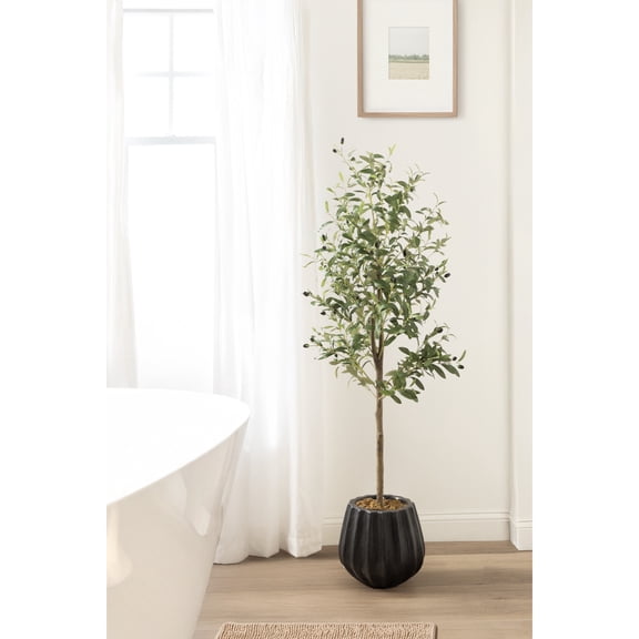 Kate and Laurel Oliveira Faux Olive Tree with Claudel Scalloped Planter Pot, 5 FT, Black, Potted Artificial Olive Plant Tree with Realistic Foliage and Added Moss, Fake Plant for Living Room Decor