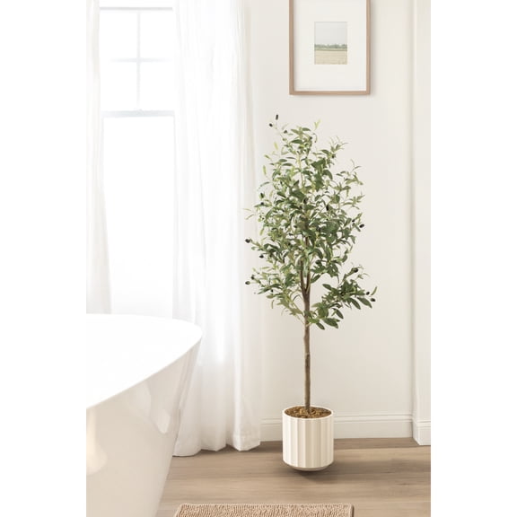 Kate and Laurel Oliveira Faux Olive Tree with Jibbs Scalloped Planter Pot, 5 FT, White, Potted Artificial Olive Plant Tree with Realistic Foliage and Added Moss, Fake Plant for Living Room Decor