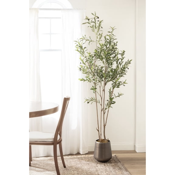 Kate and Laurel Oliveira Faux Olive Tree with Portell Metal Planter Pot, 7 FT, Gunmetal, Potted Artificial Olive Plant Tree with Realistic Foliage and Added Moss, Fake Plant Living Room Decor