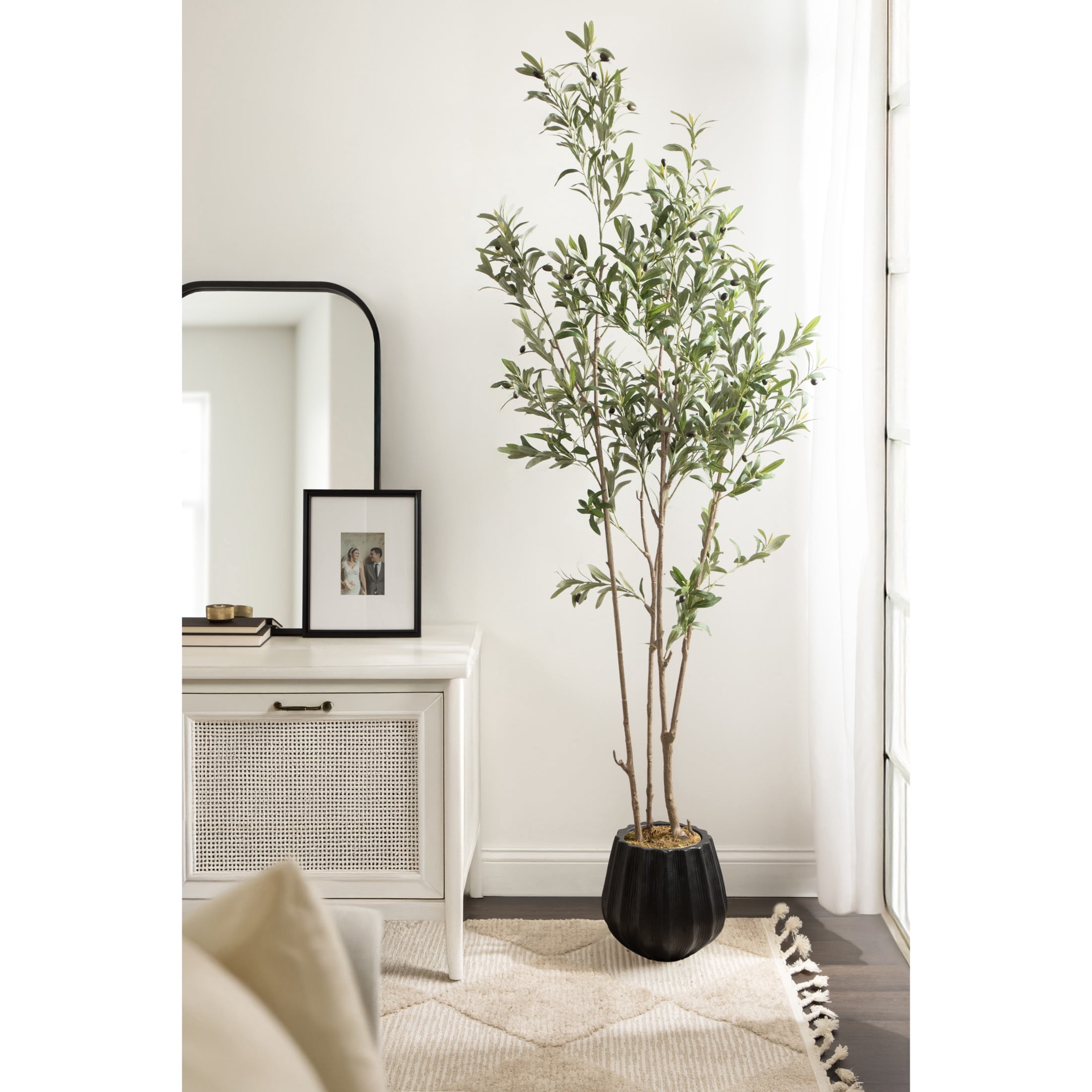 Kate and Laurel Oliveira Modern Faux Olive Tree, 7 FT, Potted Artificial Olive Plant Tree Indoor with Realistic Foliage and Additional Decorative Moss, Fake Plant for Living Room Decor