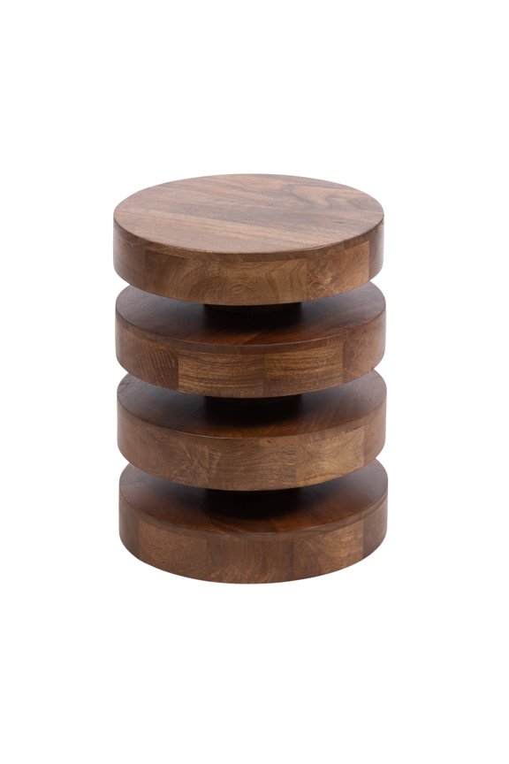 Omar Mid-Century Modern Wooden Round Side Table, 14 x 14 x 18, Walnut Brown, Geometric Floating Disks Circle End Table for Use as Bedroom Night Stand or Living Room Table Option