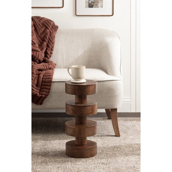 Kate and Laurel Omar Modern Wooden Round Drink Table, 9 x 9 x 20, Walnut Brown, Geometric Floating Disks Circle Mini Table for Use as Small Bedroom Night Stand or Indoor Plant Stand