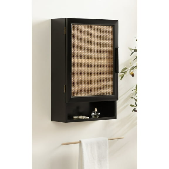 Kate and Laurel Ori Transitional Cane Wall Cabinet with Door, 15 x 7 x 24, Black and Natural Rattan, Decorative Rattan Over the Toilet Cabinet with Two Shelves and Bonus Storage Cubby