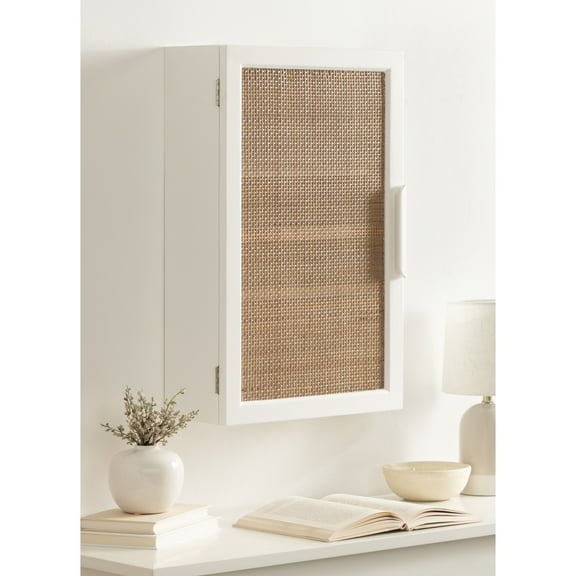 Kate and Laurel Ori Transitional Cane Wall Cabinet with Door, 15 x 7 x 24, Painted White Wood and Natural Rattan, Decorative Rattan Over the Toilet Cabinet with Three Shelves for Decor and Display