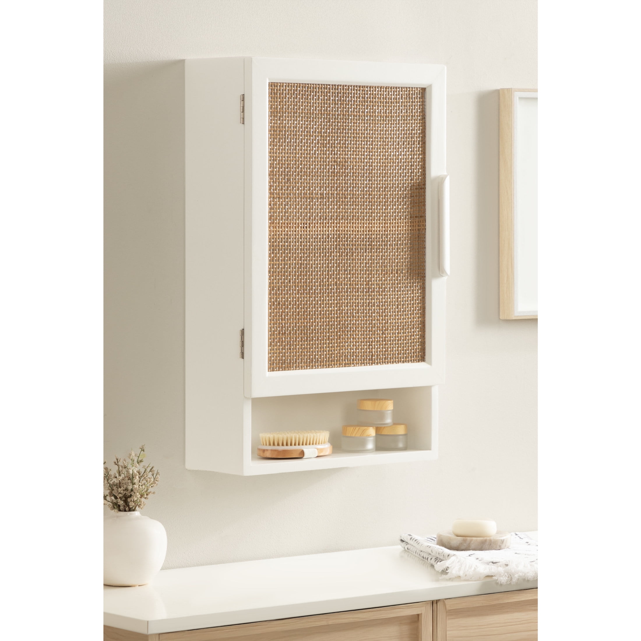 White and Natural Rattan Wall Cabinet with Storage Cubby