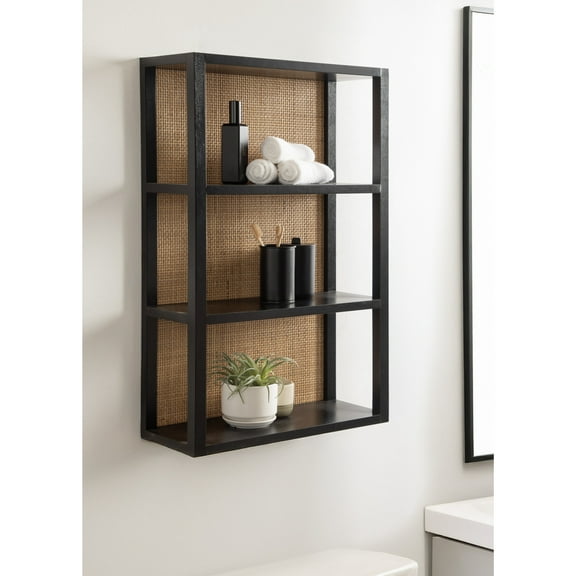 Kate and Laurel Ori Wooden Boho Three-Tier Wall Shelf, 19 x 8 x 30, Black and Natural Rattan, Modern Small Bookshelf with Three Tiers for Use as Living Room Display or Over the Toilet Storage