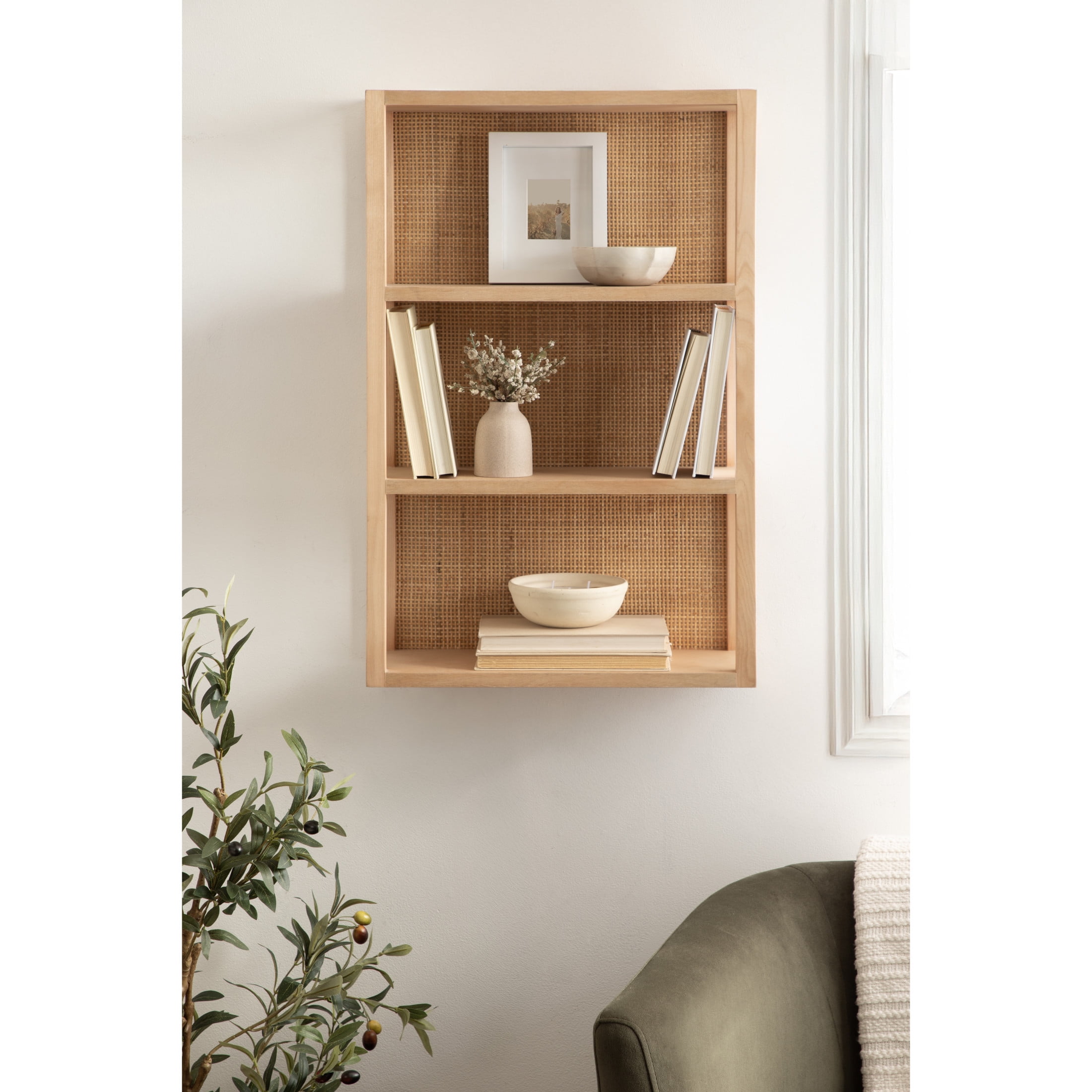 Natural Rattan and Wood Boho Three-Tier Wall Shelf, 19 x 30