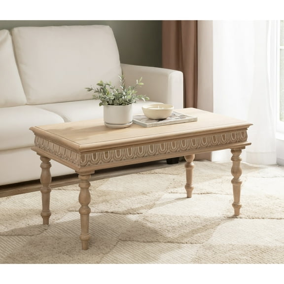 Kate and Laurel Patresa Traditional Carved Rectangle Wood Coffee Table, 36 x 20 x 18, Light Natural, Decorative Rectangular Living Room Table with Storage for Useful Home Decor