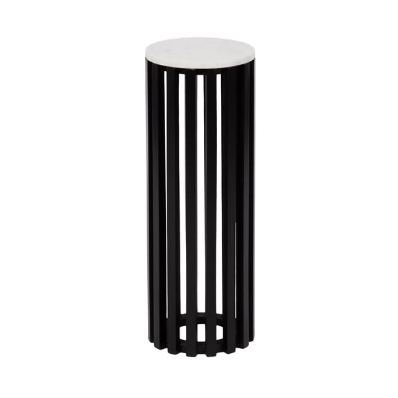 Kate and Laurel Paynter Marble Drink Table, 9 x 24, White and Black, Tall Slatted Plant Stand Table with Marble Top for Use as Accent Living Room Table