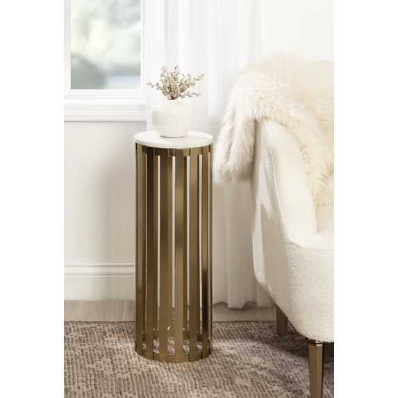 Kate and Laurel Paynter Marble Drink Table, 9 x 24, White and Gold, Tall Slatted Plant Stand Table with Marble Top for Use as Accent Living Room Table