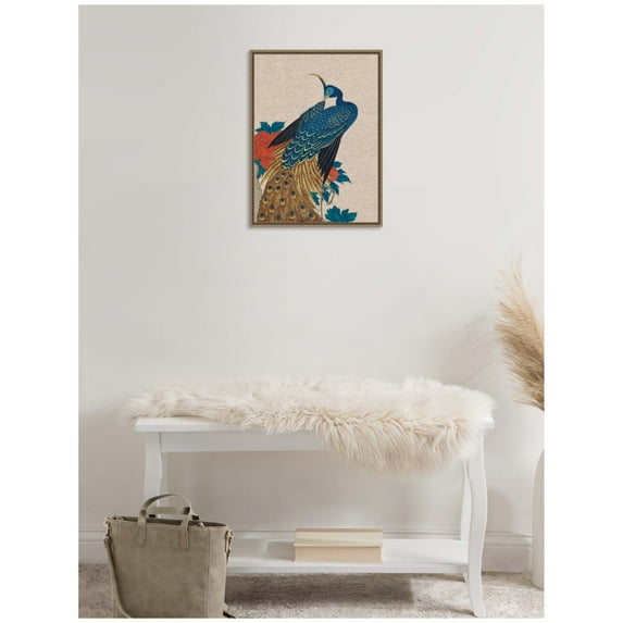 Kate and Laurel Peacock and Peonies 1840 Utagawa Hiroshige Neutral Linen Framed Canvas Wall Art by The Art Institute of Chicago 18 x 24 Sylvie Beaded Dark Gold, Traditional, Animals, Flowers Art for