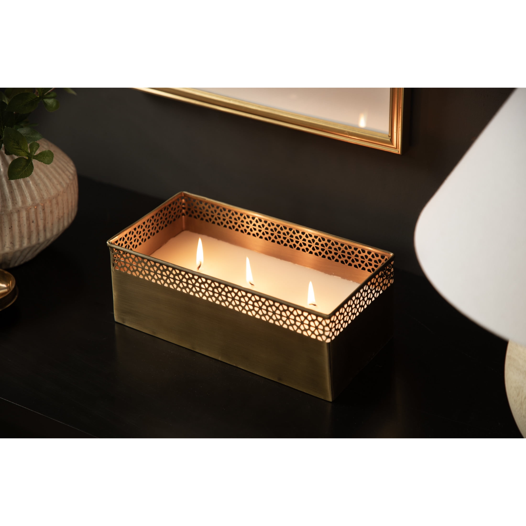 Kate and Laurel Pearce Rectangle Unscented Candle, 11 x 6 x 4, Antique Brass, Large Three-Wick Candle with Decorative Metal Vessel for Living Room Decor