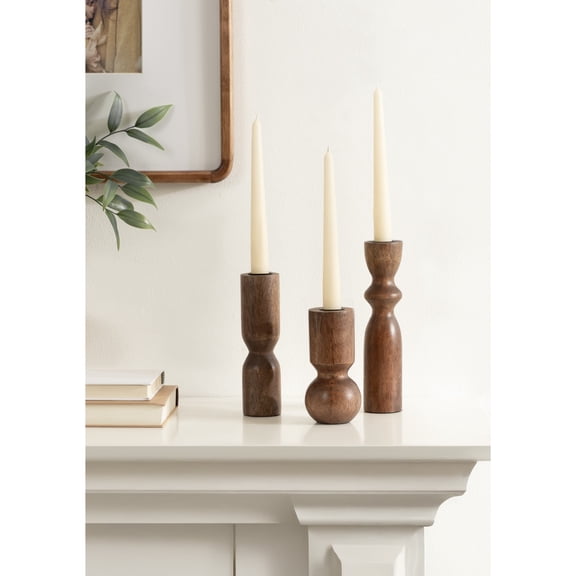 Kate and Laurel Pico Modern Three-Piece Mango Wood Taper Candle Holder Set, Set of 3, Walnut Brown, Transitional Wooden Candlestick Holders for Dining Table or Fireplace Mantel Display