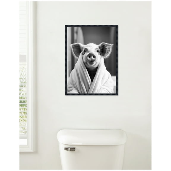 Kate and Laurel Pig Bathroom Art Towel Robe Black and White Framed Canvas Wall Art by The Creative Bunch Studio 18 x 24 Sylvie Beaded Black, Whimsical, Animals, Bathroom Art for Wall Decor, Living