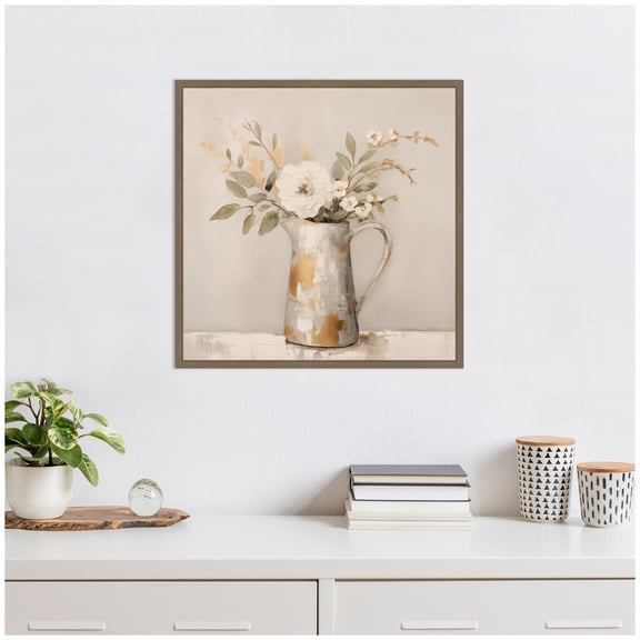 Kate and Laurel Pitcher with Flowers Boho Country 1 Framed Canvas Wall Art by The Creative Bunch Studio 22 x 22 Sylvie Dark Gold, Bohemian, Still Life, Abstract Art for Wall Decor, Living Room,
