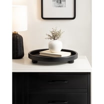 Kate and Laurel Planche Decorative Footed Woven Rattan Round Tray with Solid Wood Frame, 16 Inch Diameter, Black, Modern Circle Wood Serving Tray for Living Room or Entryway Decor