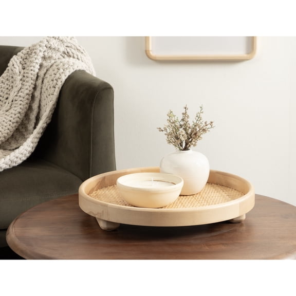 Kate and Laurel Planche Decorative Footed Woven Rattan Round Tray with Solid Wood Frame, 16 Inch Diameter, Natural, Modern Circle Wood Serving Tray for Living Room or Entryway Decor