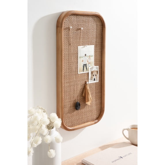 Kate and Laurel Planche Modern Rattan Wall Pinboard, 12 x 24, Natural Wood, Boho Rounded Rectangle Wall Organizer for Use as Cork Board, Vision Board, or Bulletin Board