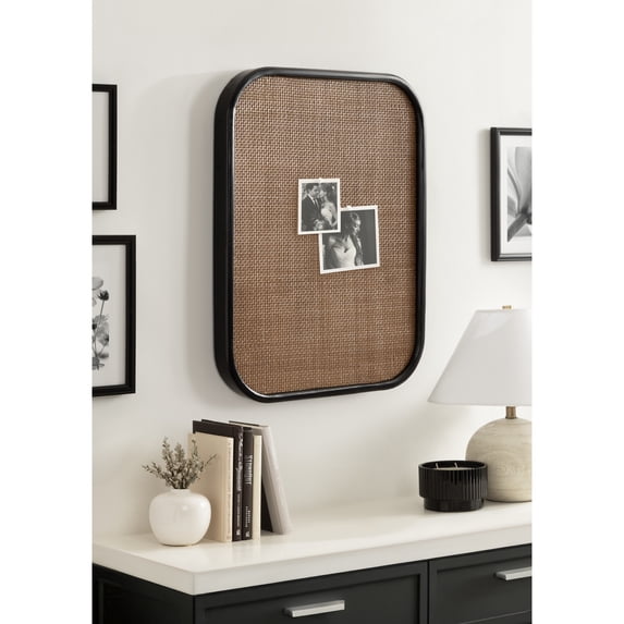Kate and Laurel Planche Modern Rattan Wall Pinboard, 20 x 26, Black and Natural Rattan, Boho Rounded Rectangle Wall Organizer for Use as Cork Board, Vision Board, or Bulletin Board