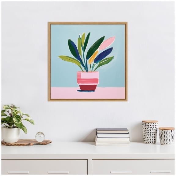 Kate and Laurel Playful Potted Plant Still Life Framed Canvas Wall Art by The Creative Bunch Studio 22 x 22 Sylvie Natural, Modern, Abstract, Still Life Art for Wall Decor, Living Room, Bedroom