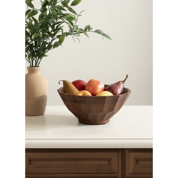 Kate and Laurel Plete Round Pleated Mango Wood Serving Bowl, 12 Inch Diameter, Walnut Brown, Modern Scalloped Fruit Bowl for Kitchen Counter or Use as Living Room or Entryway Table Decor