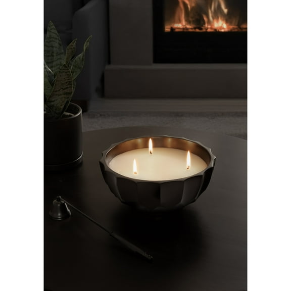 Kate and Laurel Plete Round Pleated Metal Candle Bowl, 8 Inch Diameter, Black Nickel, Modern Scalloped Three-Wick Unscented Candle with Decorative Bowl for Living Room Decor