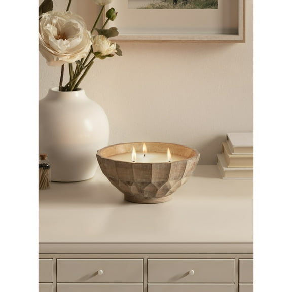Kate and Laurel Plete Round Pleated Wood Candle Bowl, 8 Inch Diameter, Light Natural, Modern Scalloped Three-Wick Unscented Candle with Decorative Bowl for Living Room Decor