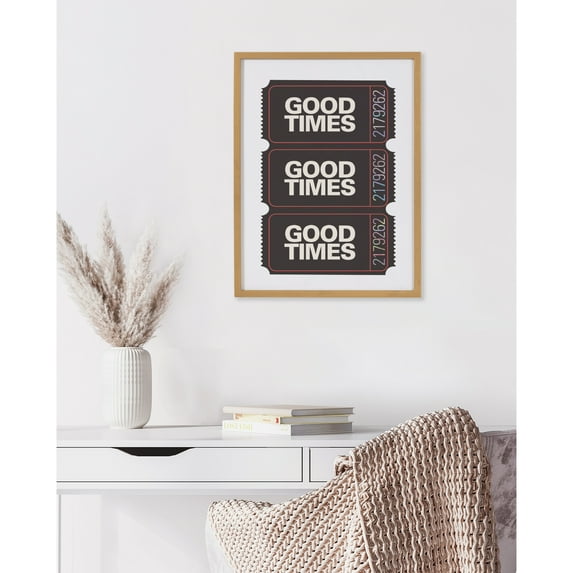 Kate and Laurel Preppy Retro Positive Quote Good Times Ticket Framed Wall Art by The Creative Bunch Studio, 12x16 Gold, Movie Theater Ticket Art for Wall