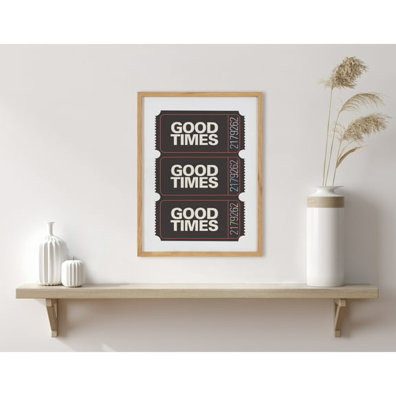 Kate and Laurel Preppy Retro Positive Quote Good Times Ticket Framed Wall Art by The Creative Bunch Studio, 12x16 Natural, Movie Theater Ticket Art for Wall