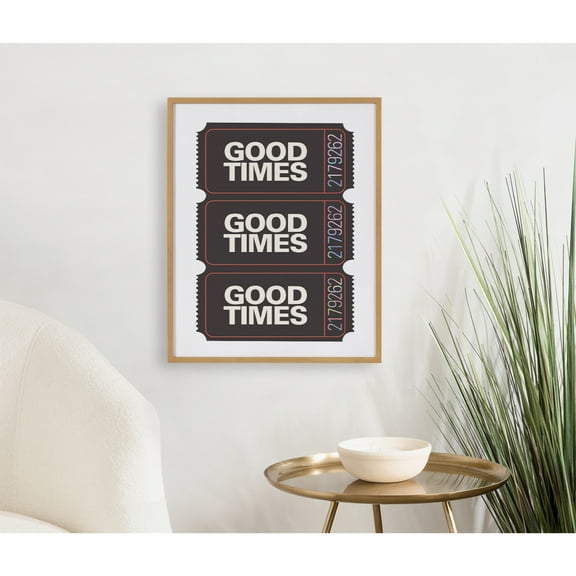 Kate and Laurel Preppy Retro Positive Quote Good Times Ticket Framed Wall Art by The Creative Bunch Studio, 16x20 Gold, Movie Theater Ticket Art for Wall