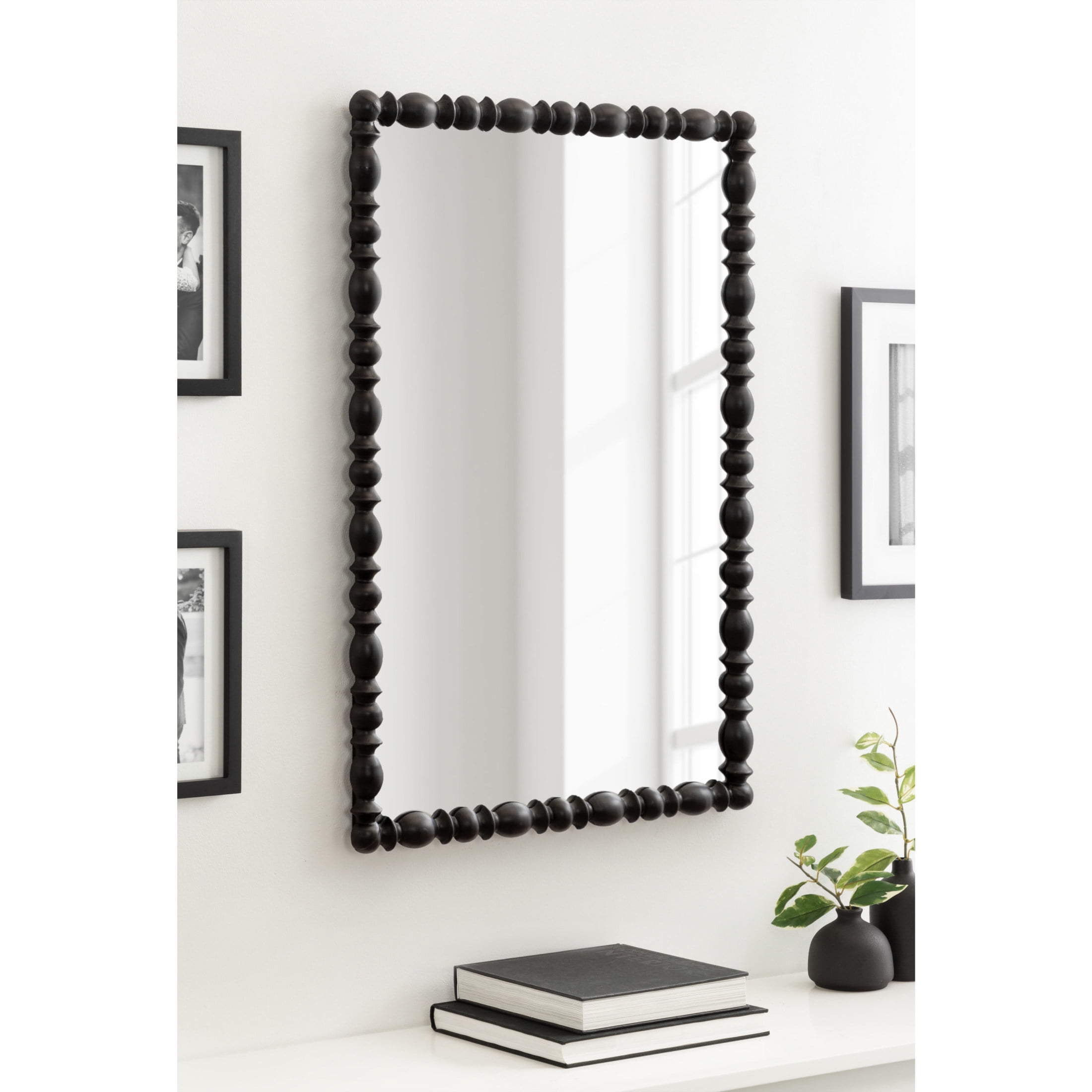 Black Turned Wood Beaded Rectangular Vanity Mirror