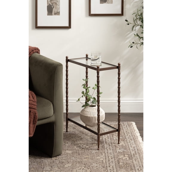 Kate and Laurel Prisha Traditional Metal Narrow Side Table, 18 x 8 x 25, Clear Glass and Bronze, Vintage Rectangle Skinny Bedroom Nightstand with Glass Tabletops for Use as Living Room End Table