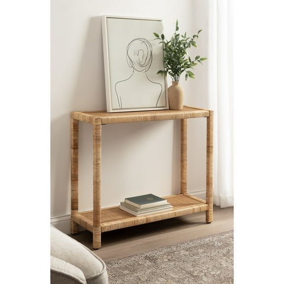 Kate and Laurel Rafina Coastal Rattan Rectangle Console Table, 36 x 12 x 30, Natural Brown, Decorative Tiered Rectangle Entryway Table with Wrapped Rattan Detailing for Use as Living Room