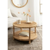 Kate and Laurel Rafina Coastal Round Rattan Coffee Table, 28 x 28 x 18, Natural Brown, Transitional Boho Circle Woven Rattan Living Room Coffee Table with Storage Shelf Below