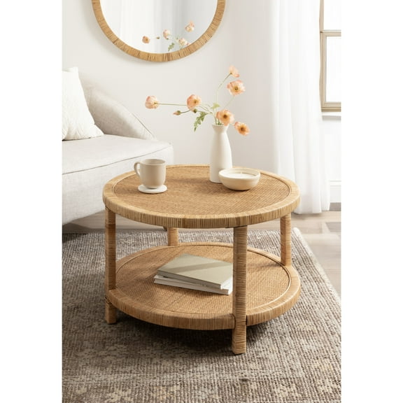 Kate and Laurel Rafina Coastal Round Rattan Coffee Table, 28 x 28 x 18, Natural Brown, Transitional Boho Circle Woven Rattan Living Room Coffee Table with Storage Shelf Below