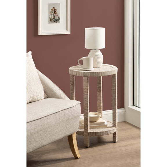 Kate and Laurel Rafina Round Rattan Side Table, 16 x 16 x 24, White, Transitional Boho Circle Wooden Accent Pedestal End Table for Indoor Plant Stand or Living Room Accent Table