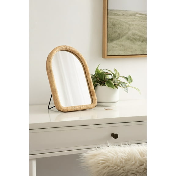 Kate and Laurel Rahfy Boho Arched Rattan Tabletop Easel Mirror, 12 x 16, Natural Rattan, Coastal Small Tabletop Mirror for Use as Bedroom Makeup Mirror or Bathroom Vanity Mirror