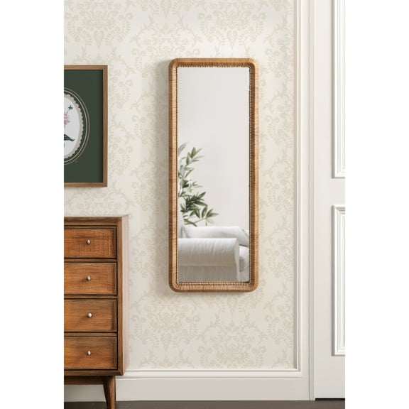 Kate and Laurel Rahfy Boho Beaded Rectangle Rattan Wall Mirror, 18 x 48, Dark Natural Wood, Decorative Rounded Rectangular Full-Length Mirror with Authentic Rattan Frame for Bedroom Floor Mirror
