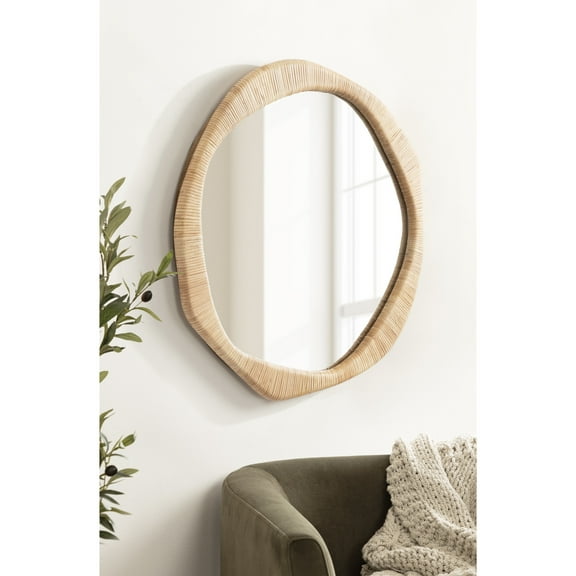 Kate and Laurel Rahfy Boho Irregular Round Rattan Mirror, 26 Inch Diameter, Natural Rattan, Decorative Wavy Circle Mirror with Wrapped Authentic Cane Frame for Bathroom Vanity Decor