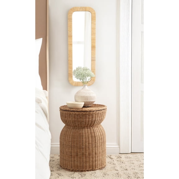 Kate and Laurel Rahfy Boho Rectangle Rattan Wall Mirror, 12 x 36, Natural Wood, Decorative Rounded Rectangular Panel Mirror with Authentic Rattan Frame for Bedroom Mirror
