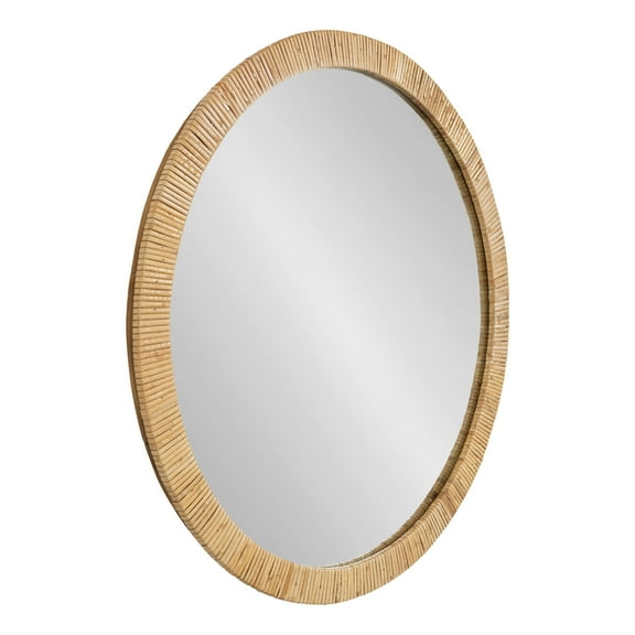 Kate and Laurel Rahfy Boho Round Rattan Mirror, 28 Inch Diameter, Natural Wood, Decorative Round Wood Mirror with Authentic Rattan Frame for Boho Wall Decor