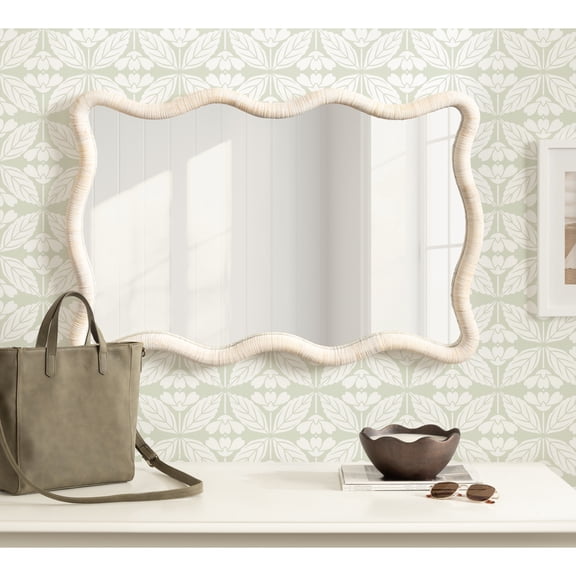 Kate and Laurel Rahfy Boho Scalloped Rectangle Rattan Wall Mirror, 24 x 36, White, Decorative Rectangular Wavy Mirror with Authentic Rattan Frame for Bathroom Mirror Decor