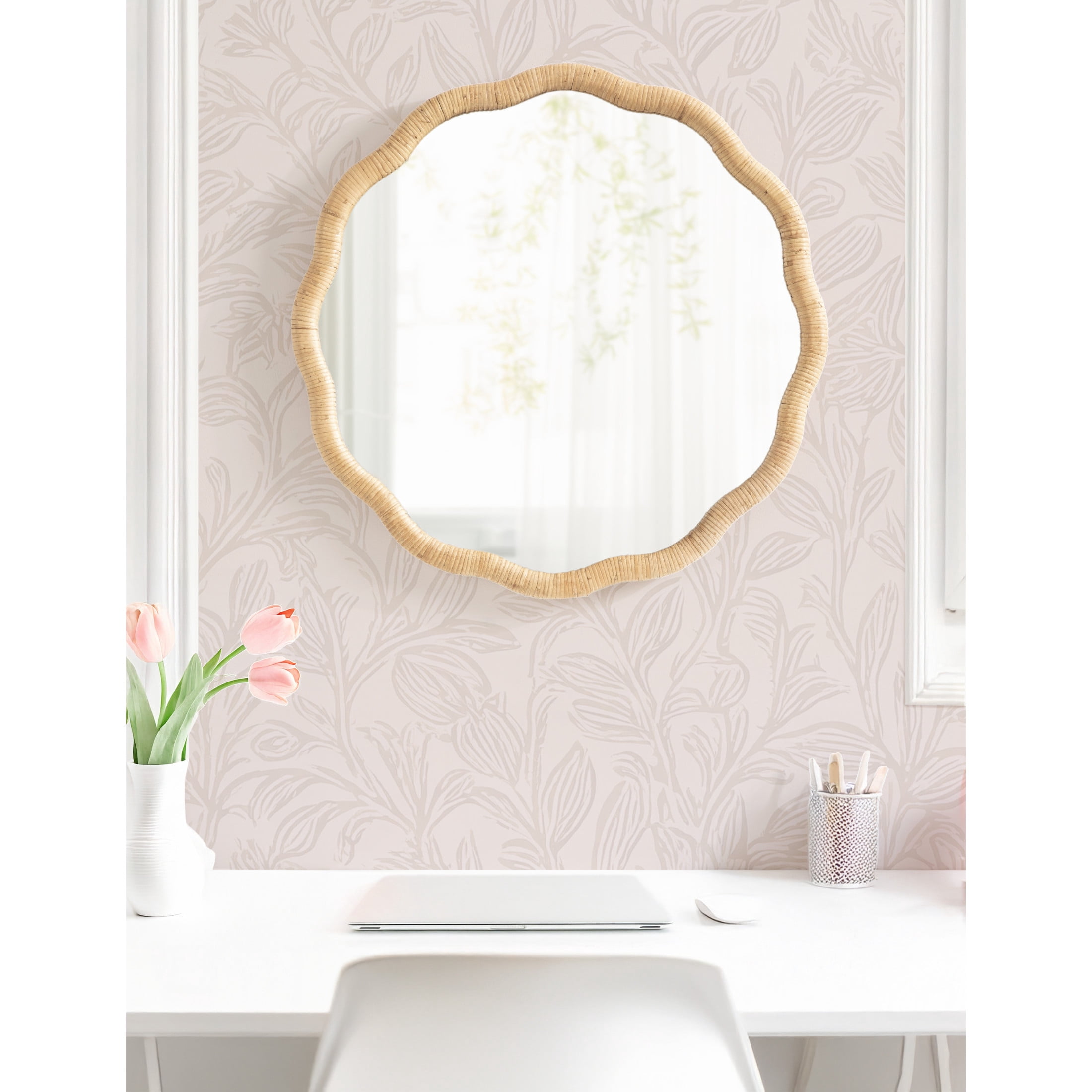 Kate and Laurel Rahfy Boho Scalloped Round Rattan Mirror, 26 Inch