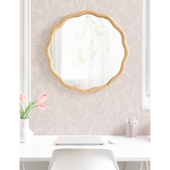 Kate and Laurel Rahfy Boho Scalloped Round Rattan Mirror, 26 Inch Diameter, Natural Wood, Decorative Round Wavy Mirror with Authentic Rattan Frame for Apartment or Dorm Room Decor