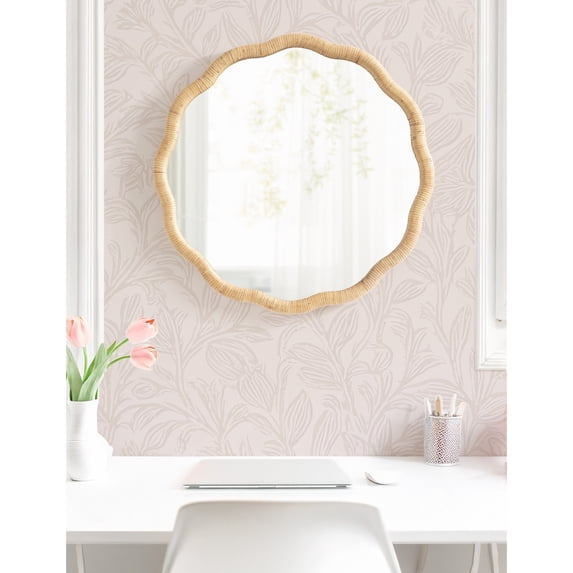 Kate and Laurel Rahfy Boho Scalloped Round Rattan Mirror, 26 Inch Diameter, Natural Wood, Decorative Round Wavy Mirror with Authentic Rattan Frame for Apartment or Dorm Room Decor