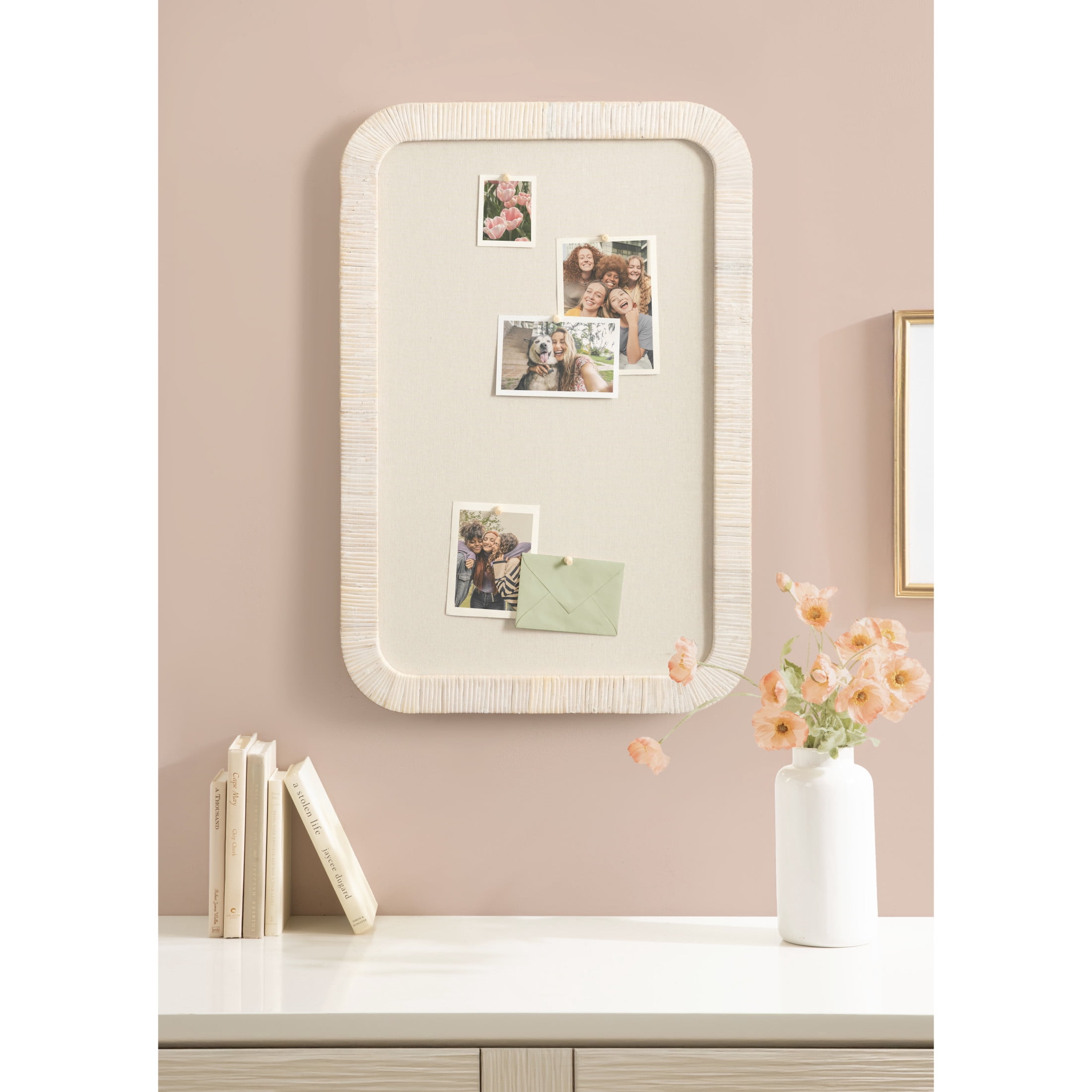 Kate and Laurel Rahfy Modern Rattan Framed Wall Pinboard, 20 x 30, White, Boho Rounded Rectangle Bulletin Board for Use as Dorm Room Decor or Vision Board