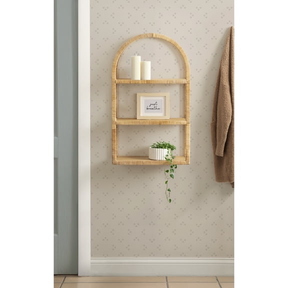 Kate and Laurel Rahmati Modern Arched Rattan Wall Shelf, 18 x 7 x 30, Natural Rattan, Boho Arch Wall Shelves for Over-the-Toilet Storage or Dorm Room Storage Shelf